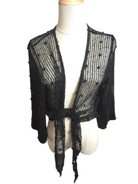 Black Crochet Open Knit Sequin Tie-Front Sweater Shrug